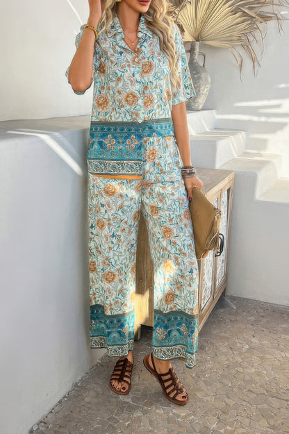 Boho Blouse Pant Sets floral turquoise and beige wide leg set with short sleeves clutch and sandals