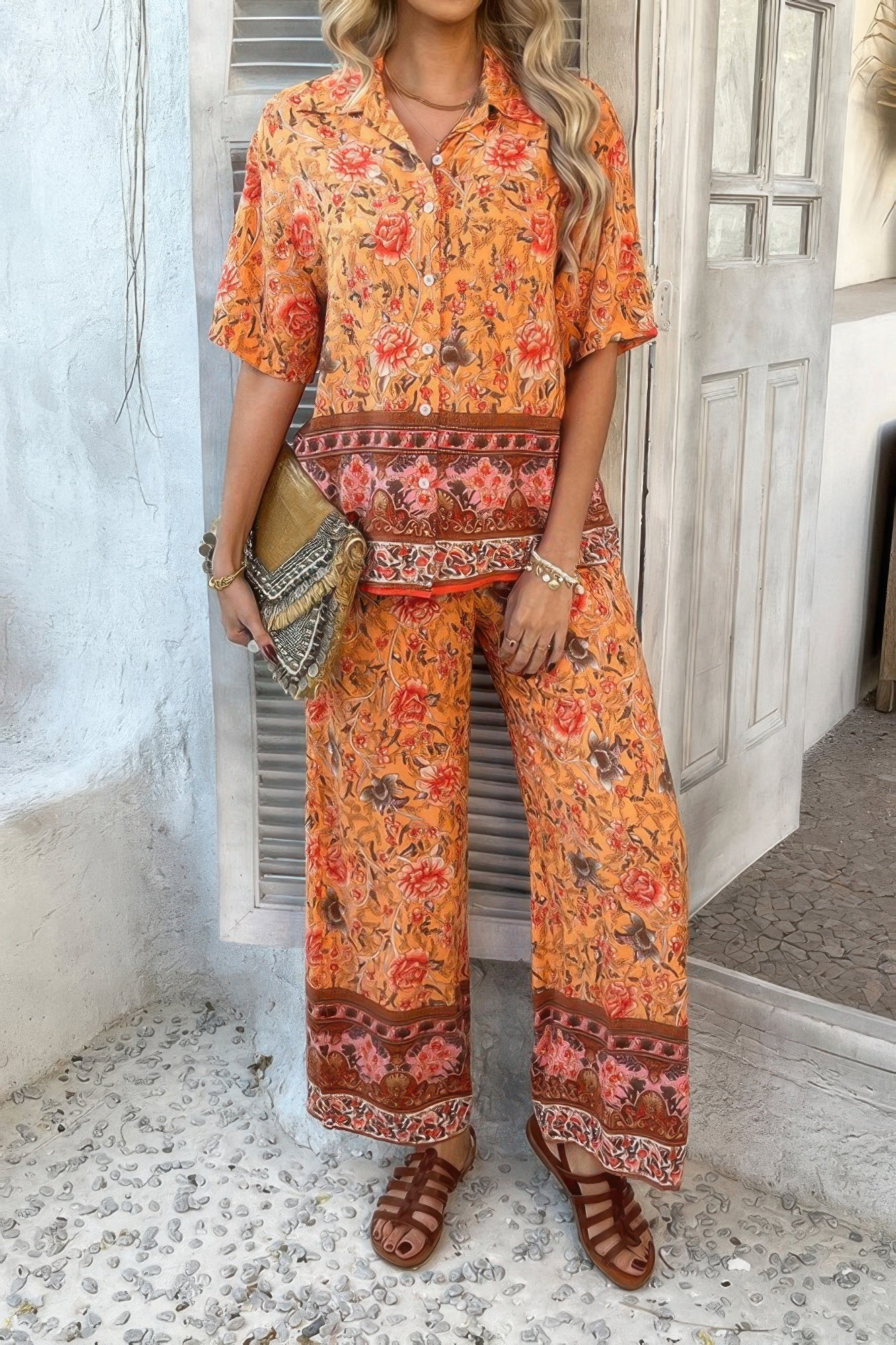 Boho Blouse Pant Sets orange floral two piece lounge outfit with short sleeve button top and wide leg pants