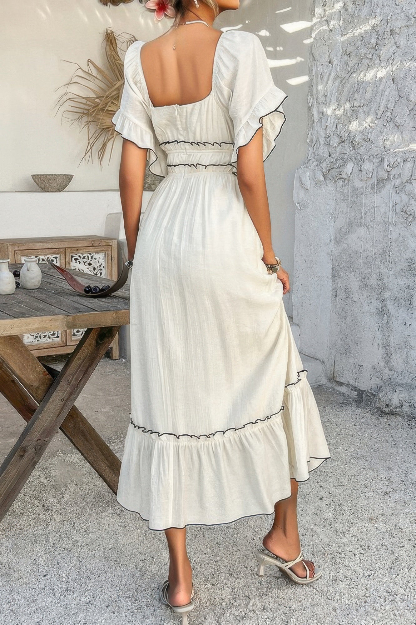CCWHOLESALECLOTHING cream midi off shoulder bodycon dress with ruffled sleeves and tiered hem