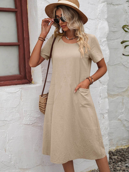 Rust Round Neck Short Sleeve Dress with Pockets - A-Line Midi Dress - Fashions Envy
