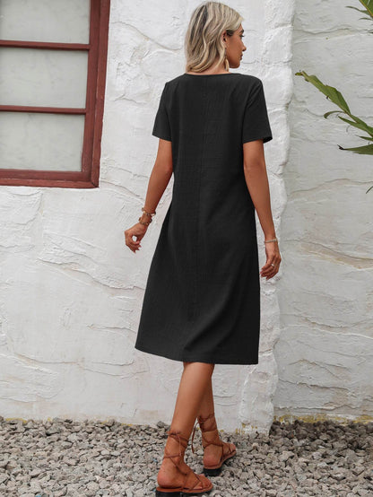 Rust Round Neck Short Sleeve Dress with Pockets - A-Line Midi Dress - Fashions Envy