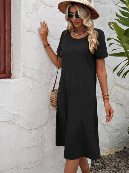 Rust Round Neck Short Sleeve Dress with Pockets - A-Line Midi Dress - Fashions Envy
