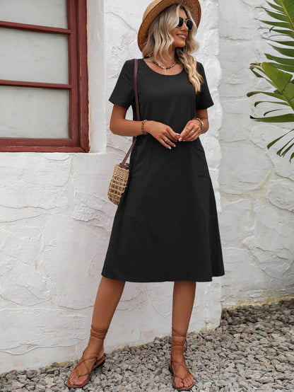Rust Round Neck Short Sleeve Dress with Pockets - A-Line Midi Dress - Fashions Envy