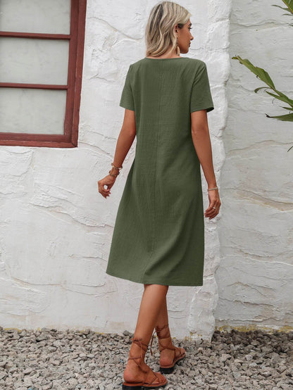 Rust Round Neck Short Sleeve Dress with Pockets - A-Line Midi Dress - Fashions Envy