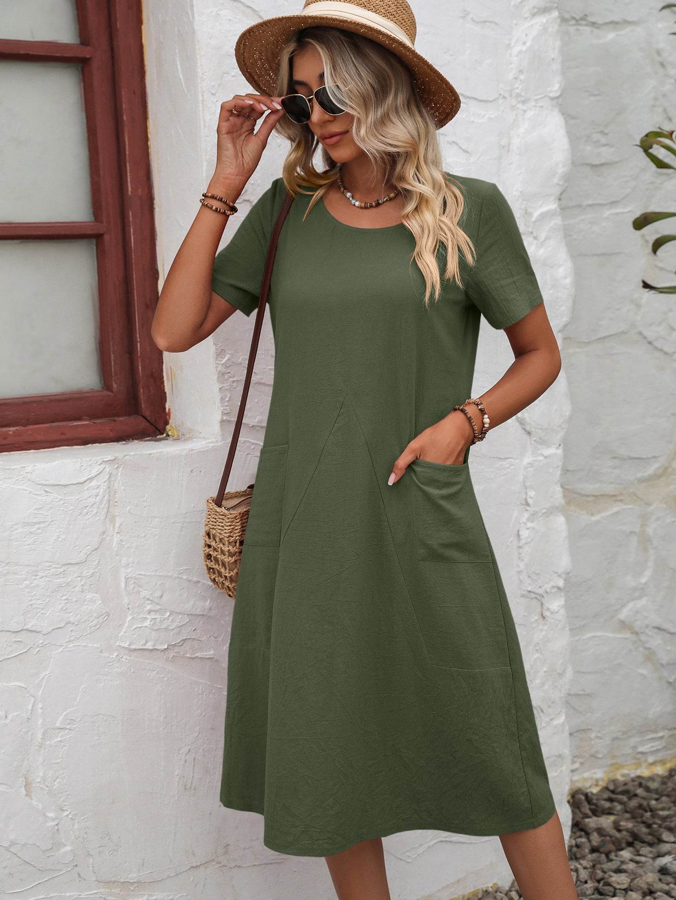 Rust Round Neck Short Sleeve Dress with Pockets - A-Line Midi Dress - Fashions Envy