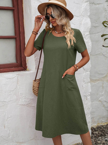 Rust Round Neck Short Sleeve Dress with Pockets - A-Line Midi Dress - Fashions Envy