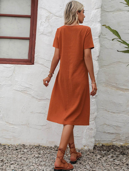 Rust Round Neck Short Sleeve Dress with Pockets - A-Line Midi Dress - Fashions Envy