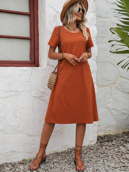 Rust Round Neck Short Sleeve Dress with Pockets - A-Line Midi Dress - Fashions Envy