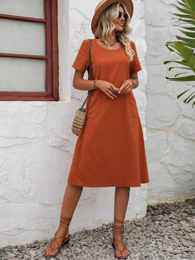 Rust Round Neck Short Sleeve Dress with Pockets - A-Line Midi Dress - Fashions Envy