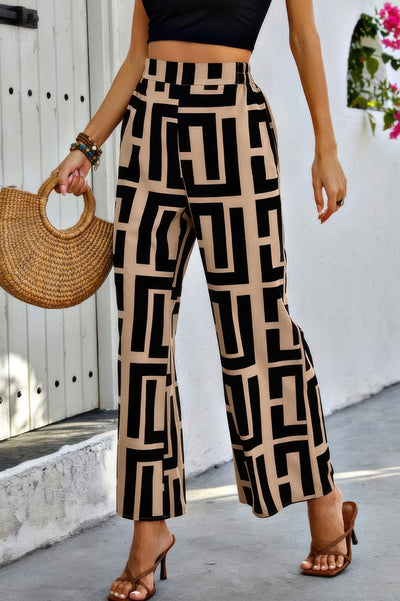 Wide Leg Loose Pants high waist black and beige geometric print casual summer trousers with heels