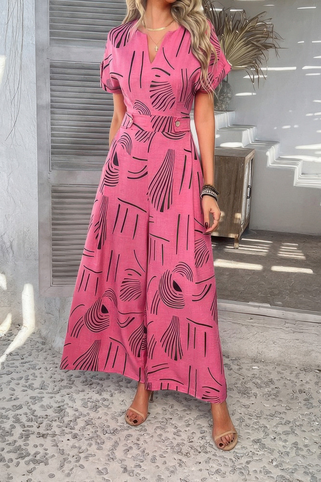 CCWHOLESALECLOTHING pink patterned Tie Waist Pockets Jumpsuit with V neck puff sleeves and side pockets