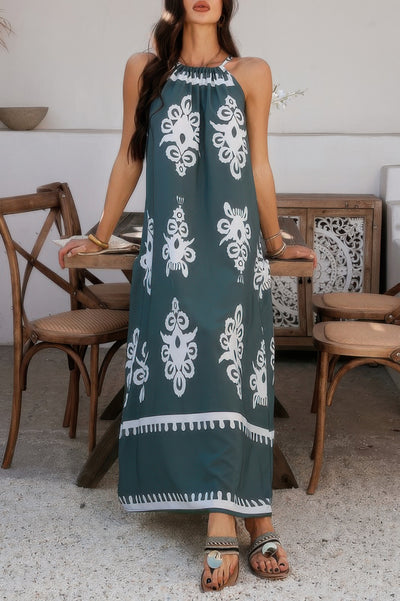 CCWHOLESALECLOTHING geo print halter dress teal maxi with white geometric motifs sleeveless casual summer beachwear