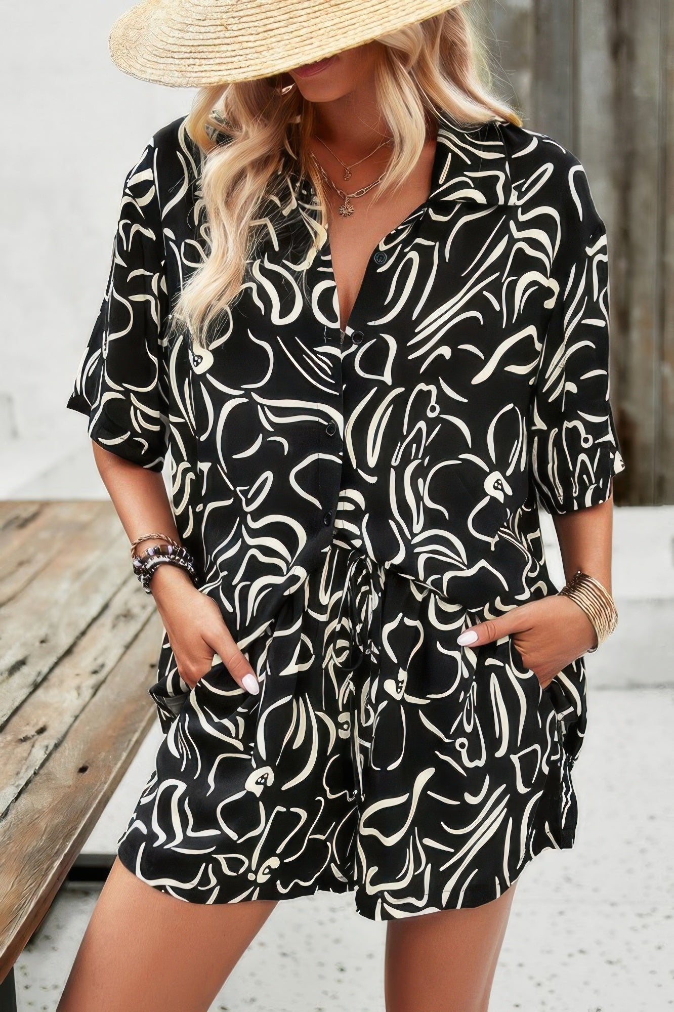 CCWHOLESALECLOTHING black and white abstract printed two piece shorts set with pockets and straw hat pink two piece shorts set