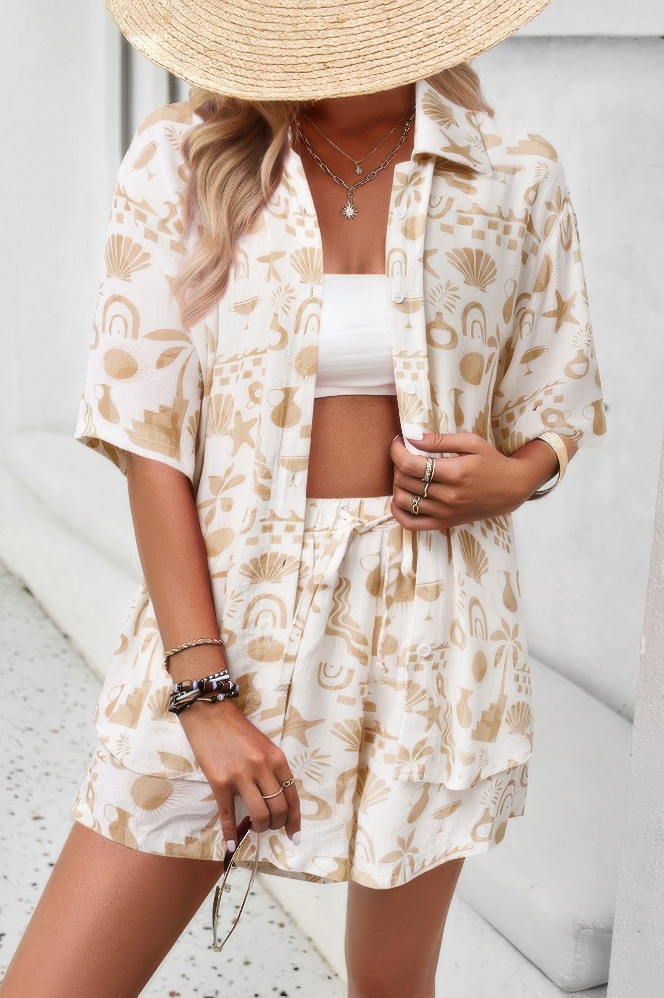 CCWHOLESALECLOTHING pink two piece shorts set with printed button shirt and drawstring shorts for summer