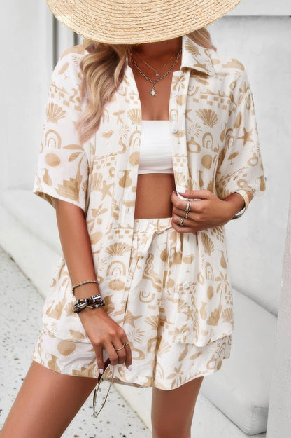 CCWHOLESALECLOTHING pink two piece shorts set with printed button shirt and drawstring shorts for summer