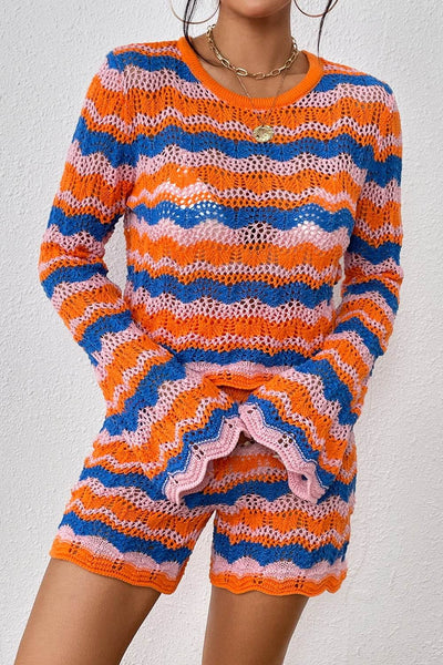 Trendsi Colorful Sweater and Knit Shorts Set with Wavy Stripes in Orange and Pink
