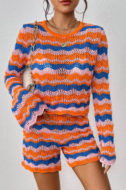 Trendsi Sweater and Knit Shorts Set in colorful wavy pattern, perfect for casual outings or beach trips