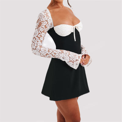 Trendsi Sweetheart Neck Lace Sleeve Mini Dress in black with white lace sleeves and sweetheart neckline