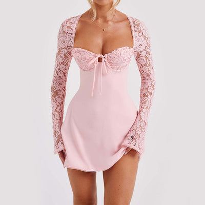 Trendsi Sweetheart Neck Lace Sleeve Mini Dress in pink with long lace sleeves and fitted silhouette