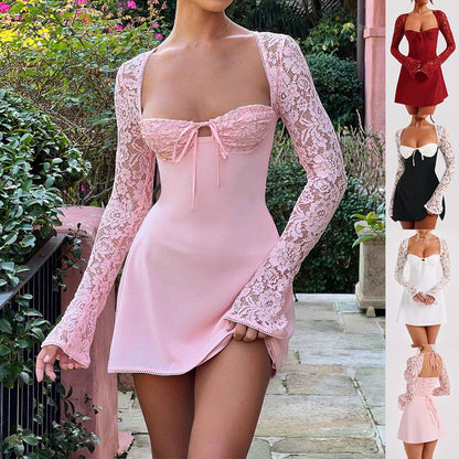 Trendsi Sweetheart Neck Lace Sleeve Mini Dress in soft pink with long lace sleeves and a fitted silhouette