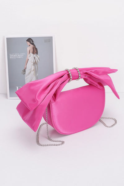 Fun Clutch Bag bright pink satin bow clutch with silver chain strap stylish evening accessory