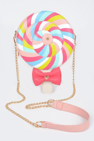 Fun Clutch Bag round pastel lollipop swirl with pink bow and gold chain strap for parties