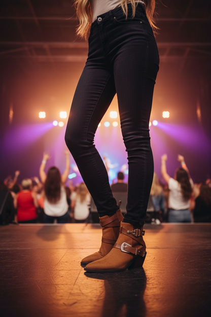 Tan western ankle boots at country music concert