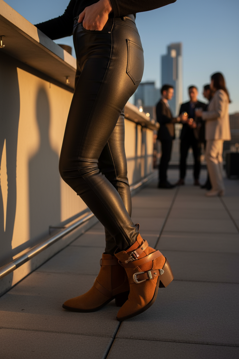 Tan western ankle boots at urban rooftop bar