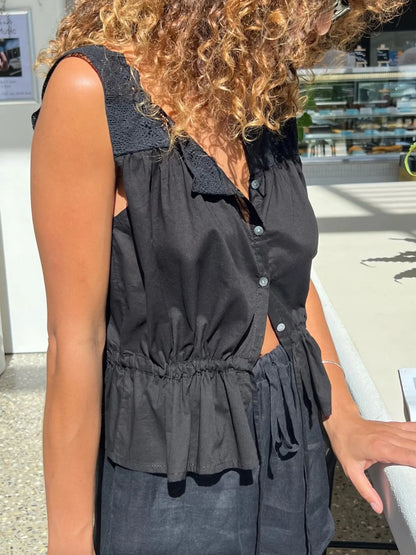 Trendsi Black Tank and Shorts Set with a Flowy Design and Button Details