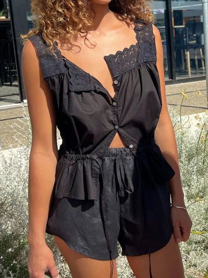 Trendsi Black Tank and Shorts Set with Lace Detailing and Button Closure for a Stylish Summer Look