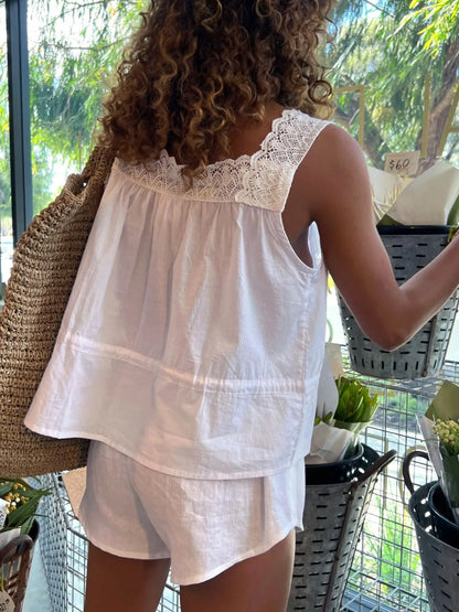 Trendsi White Tank and Shorts Set with Lace Detailing for a Casual Summer Look