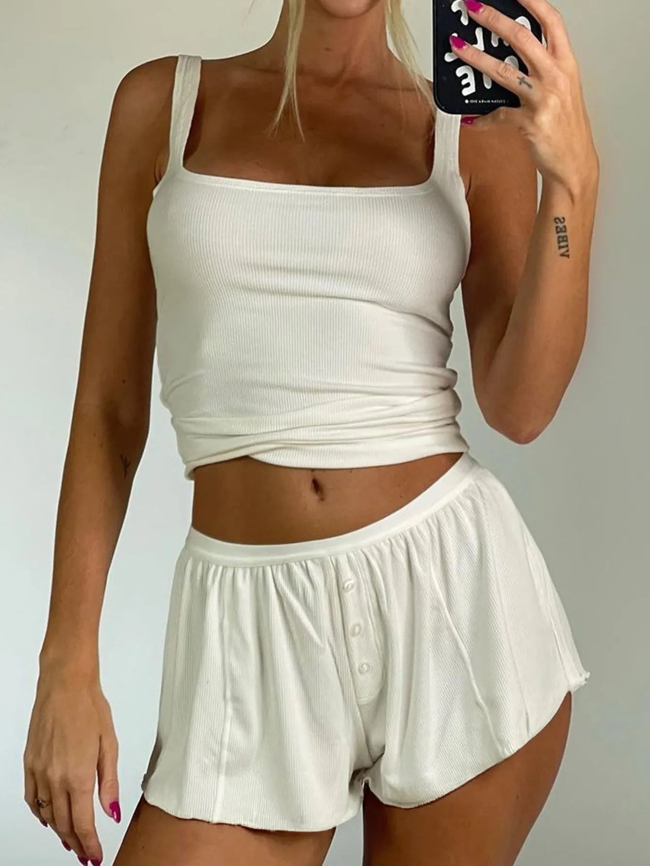 Trendsi Tank and Shorts Set in neutral color, featuring a comfortable ribbed tank top and matching shorts