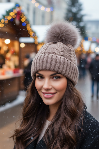 Taupe cable knit beanie with fur pom-pom at winter market