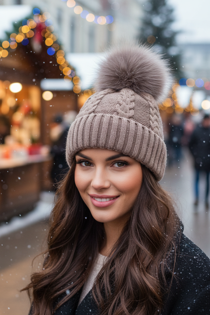 Taupe cable knit beanie with fur pom-pom at winter market