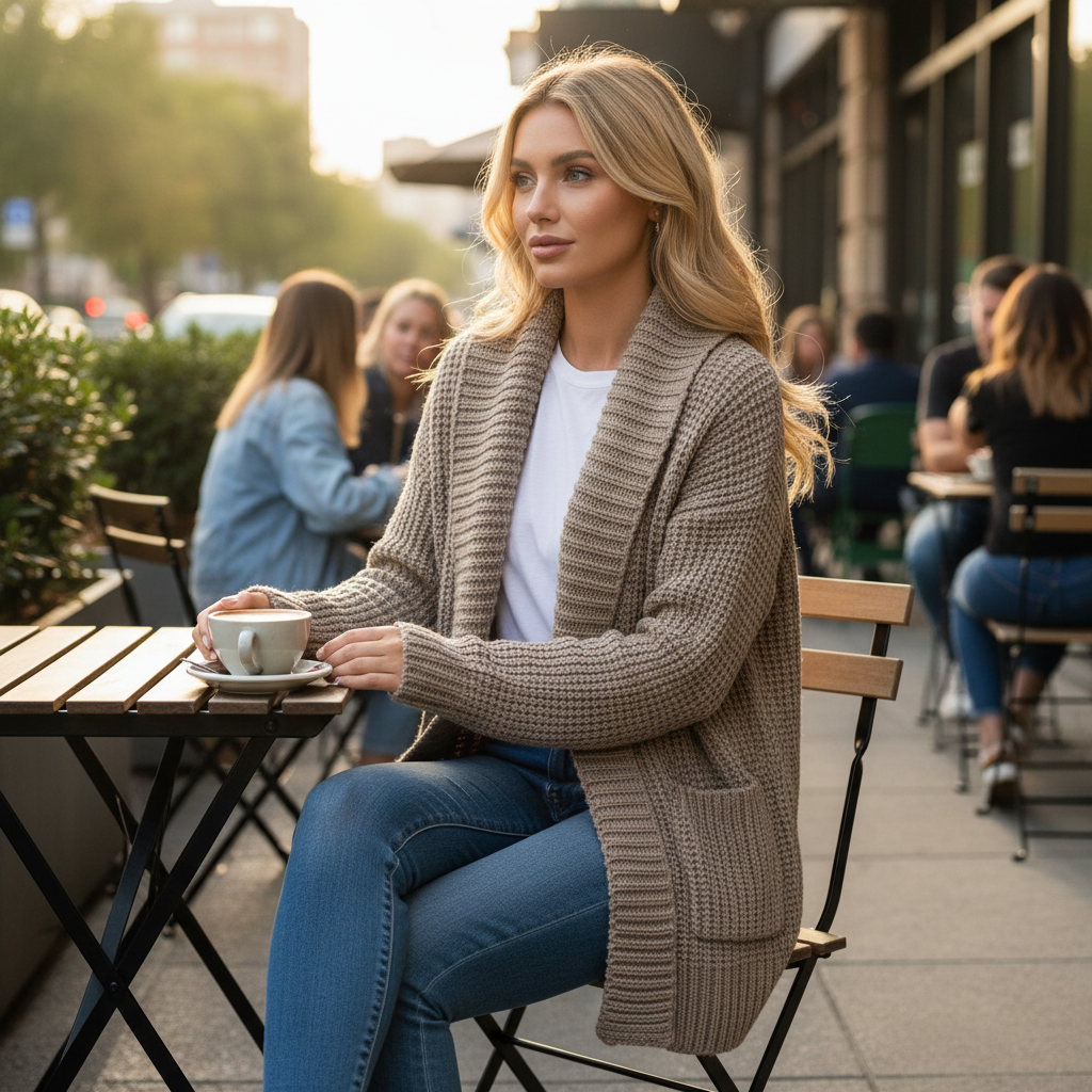 Taupe chunky knit hip-length cardigan - front view