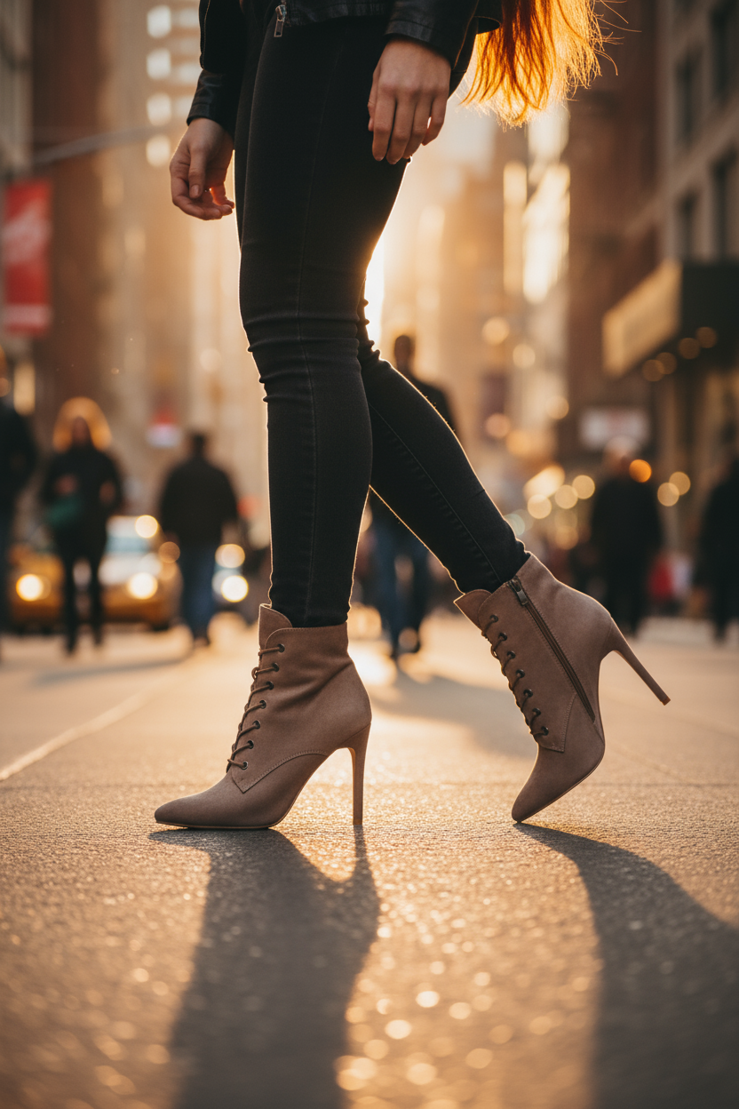 Taupe lace-up ankle boots walking through city street