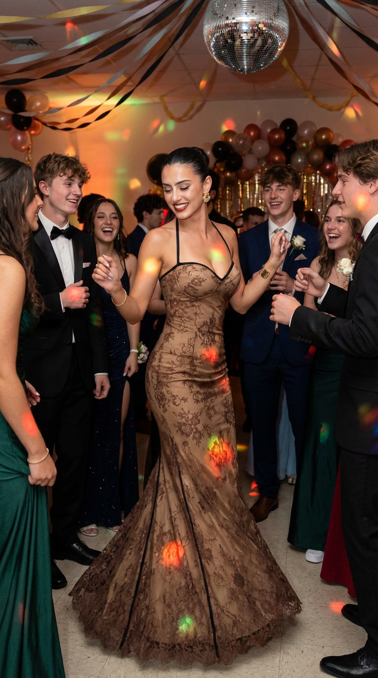 Light Brown Crochet Lace Maxi Dress - Sweetheart Neck Prom