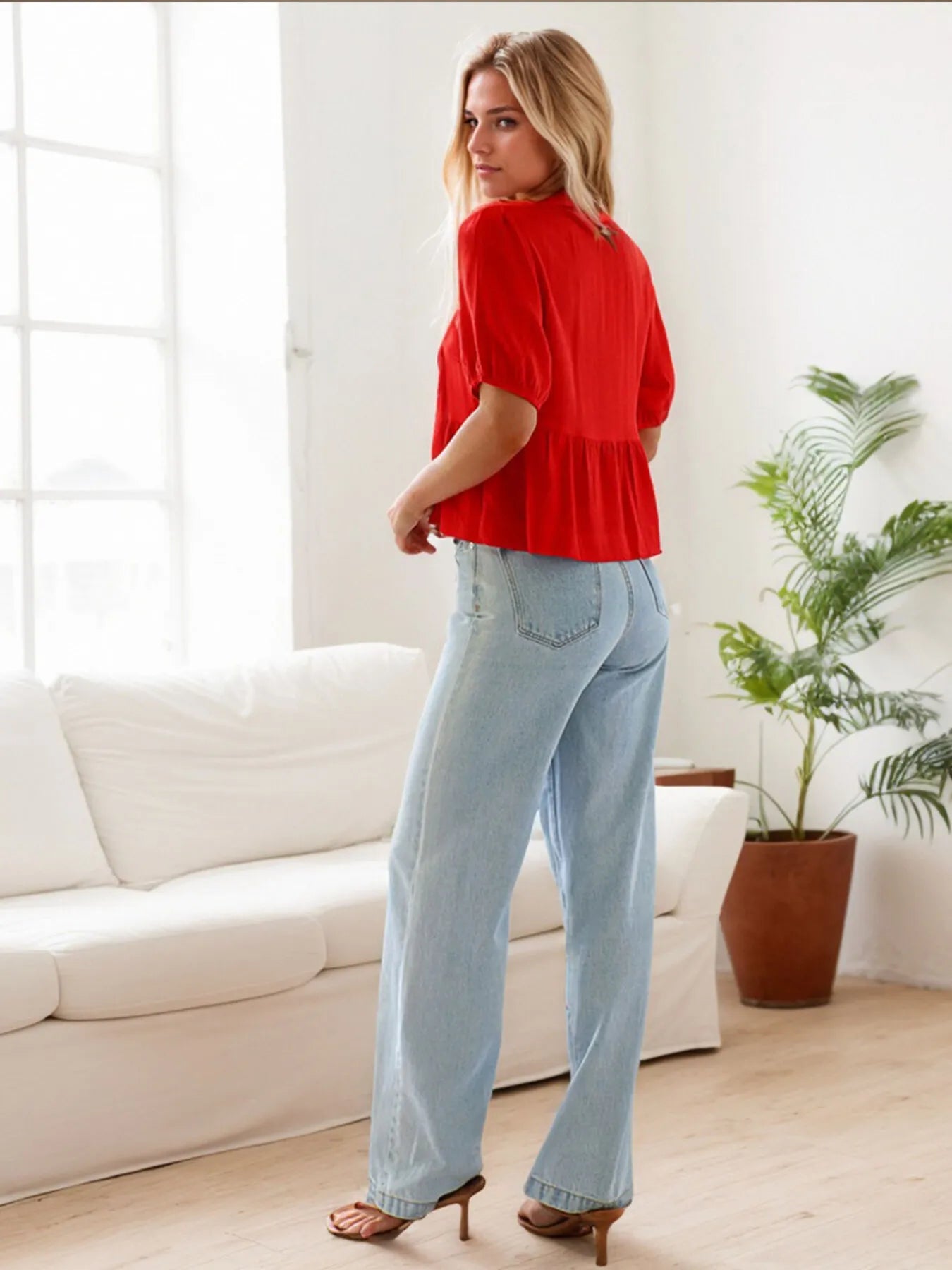 Trendsi Tie-Front Blouse in red paired with high-waisted jeans for a stylish look