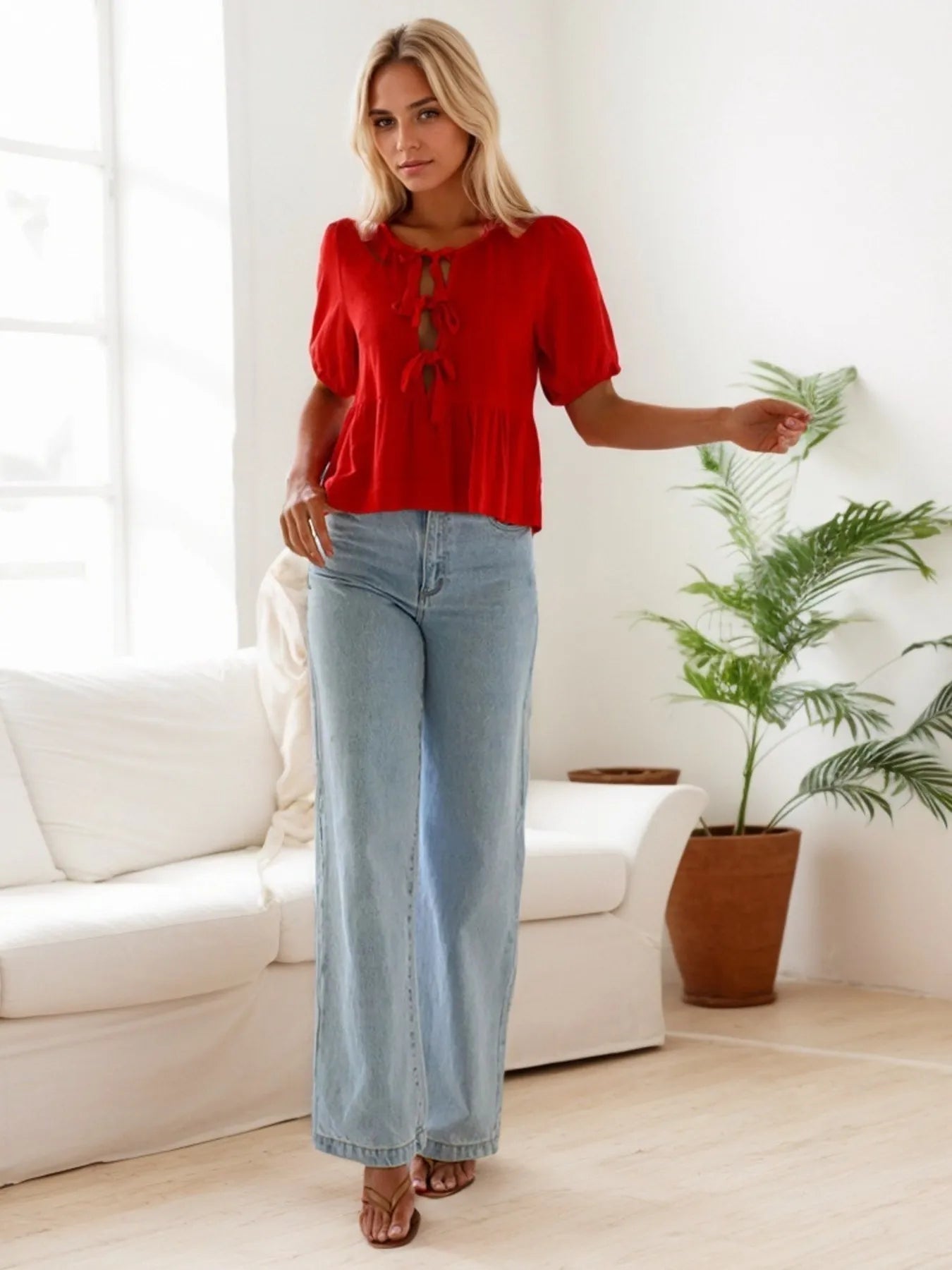 Red Tie-Front Blouse with Short Sleeves and Flowy Design for Casual Summer Outfits