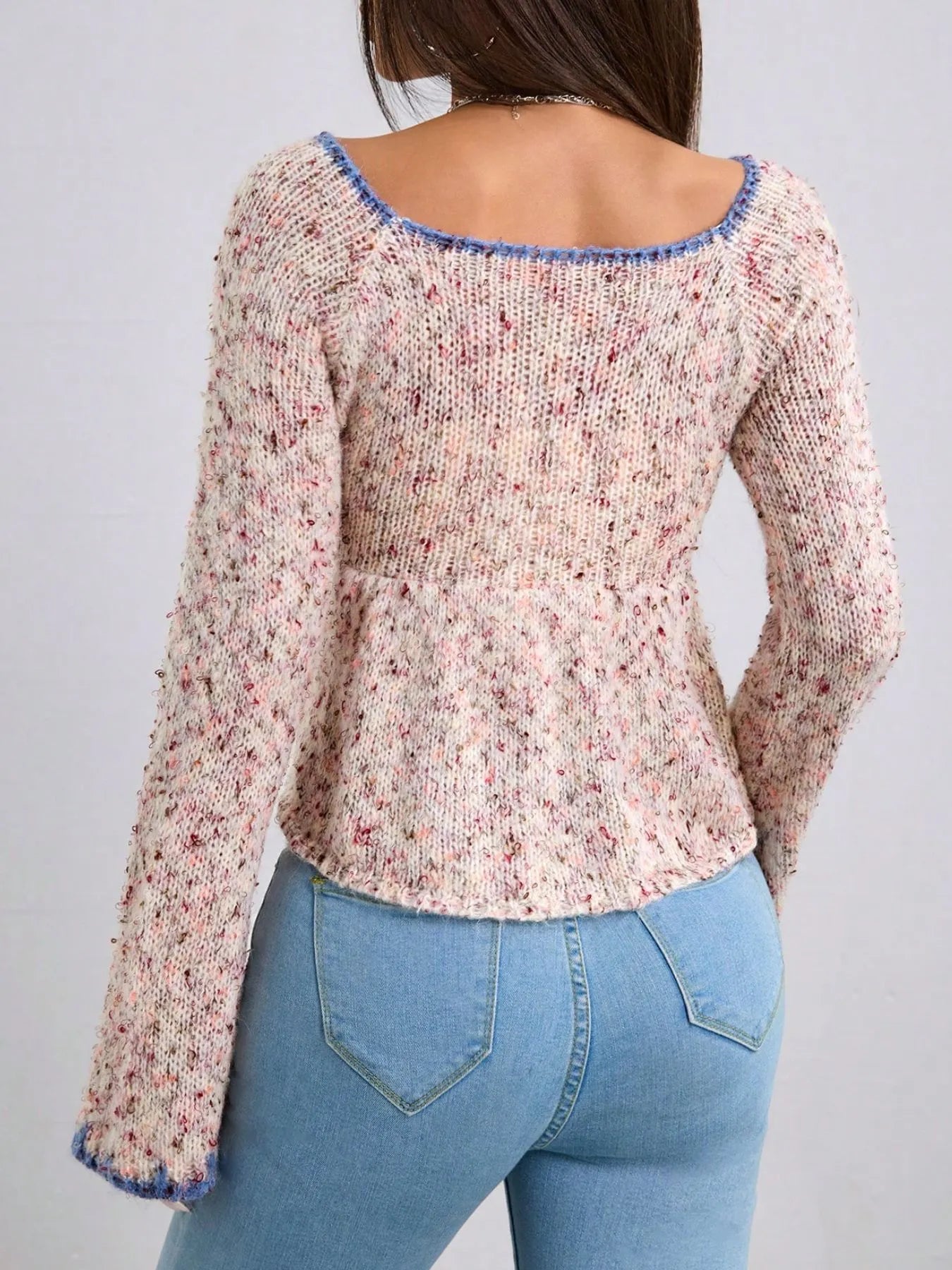 Trendsi knitted top with tie front flare sleeve design in light multicolor knit fabric