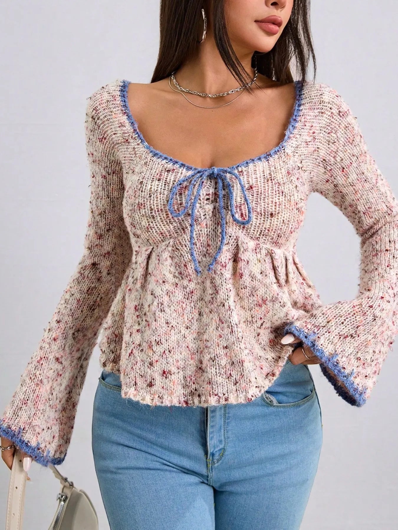 Trendsi cozy knit sweater with tie front flare sleeve design and contrast blue edges