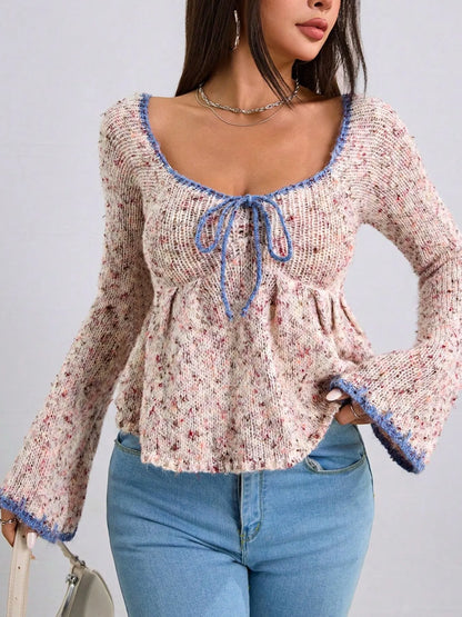 Trendsi cozy knit sweater with tie front flare sleeve design and contrast blue edges