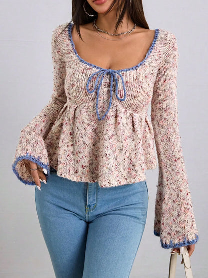 Trendsi tie front flare sleeve sweater with blue trim and textured knit in beige