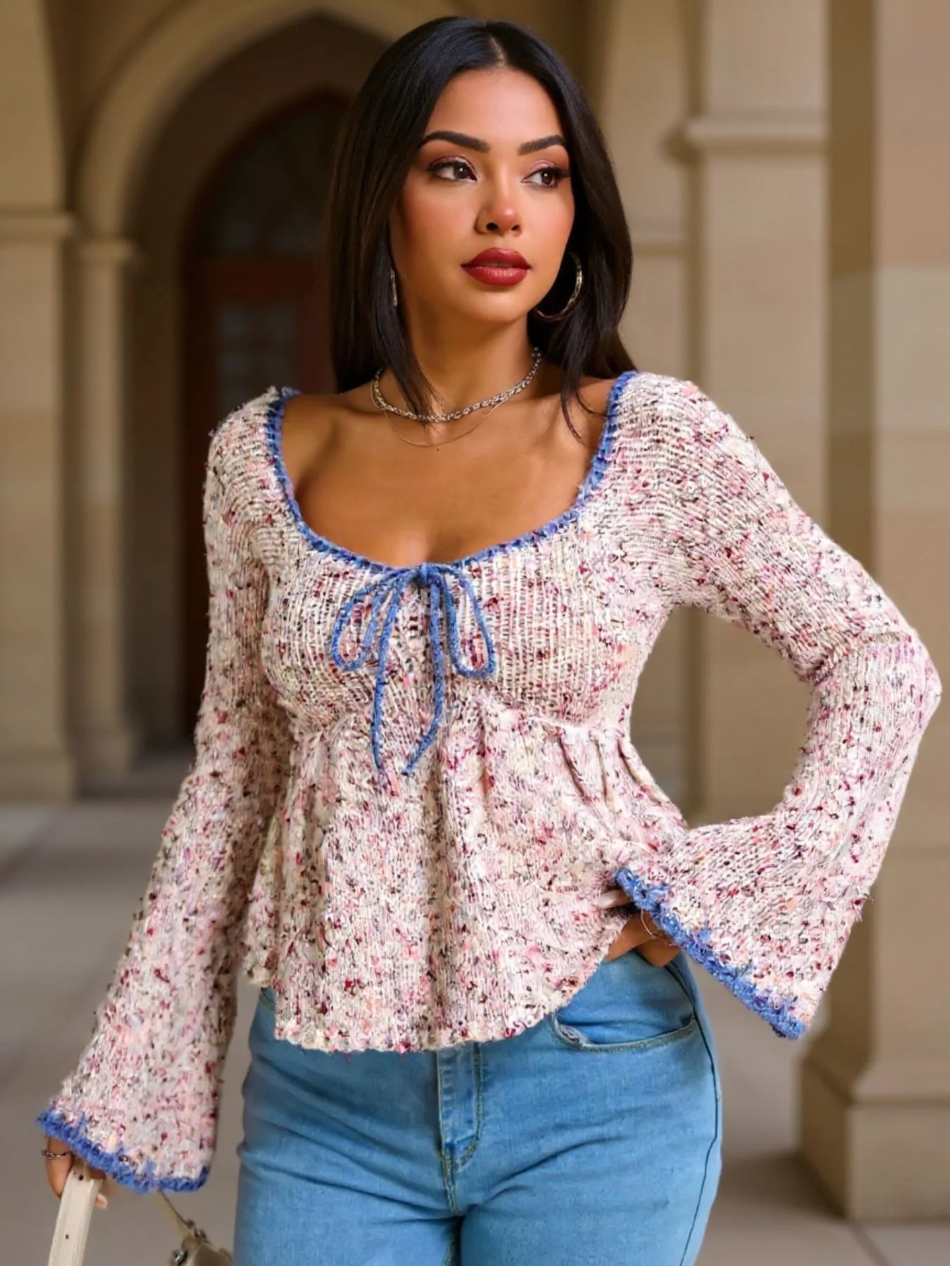 Trendsi stylish Tie Front Flare Sleeve top with blue trim worn with light blue jeans