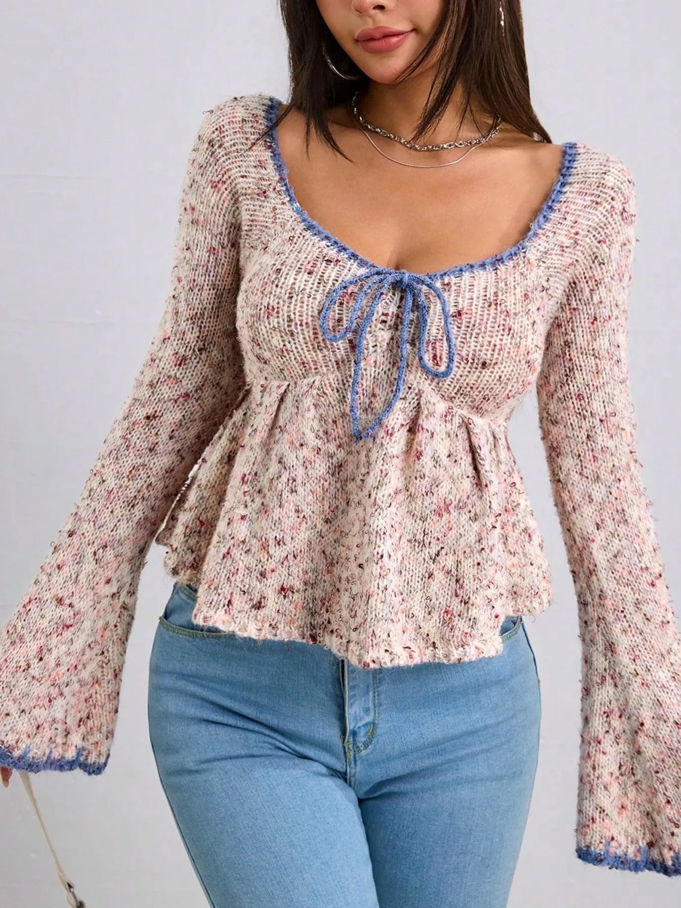 Trendsi Tie Front Flare Sleeve knitted top with blue trim and long flared sleeves