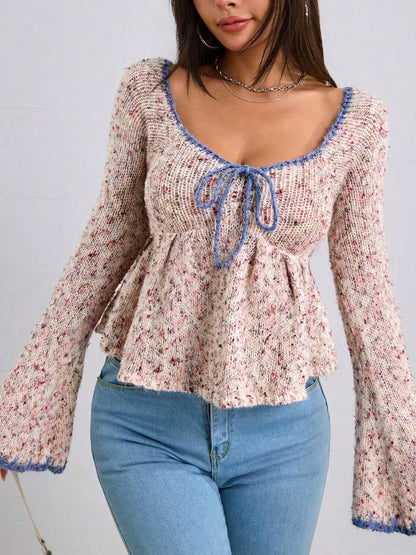 Trendsi Tie Front Flare Sleeve knitted top with blue trim and long flared sleeves