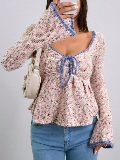 Trendsi knitted sweater with tie front flare sleeve design and blue trim detail