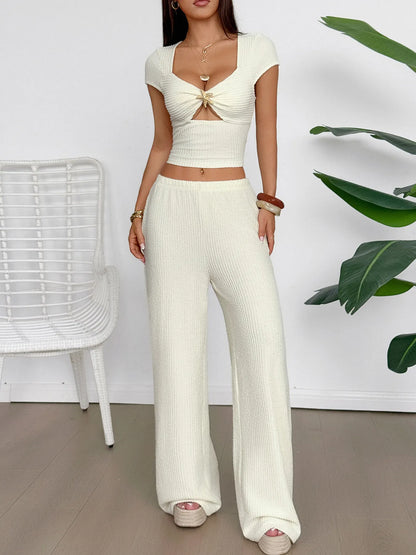 Trendsi Cream Top and Pants Set with Twist Front Design for a Stylish Casual Look
