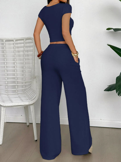 Navy Blue Top and Pants Set featuring a fitted crop top and wide-leg trousers with pockets