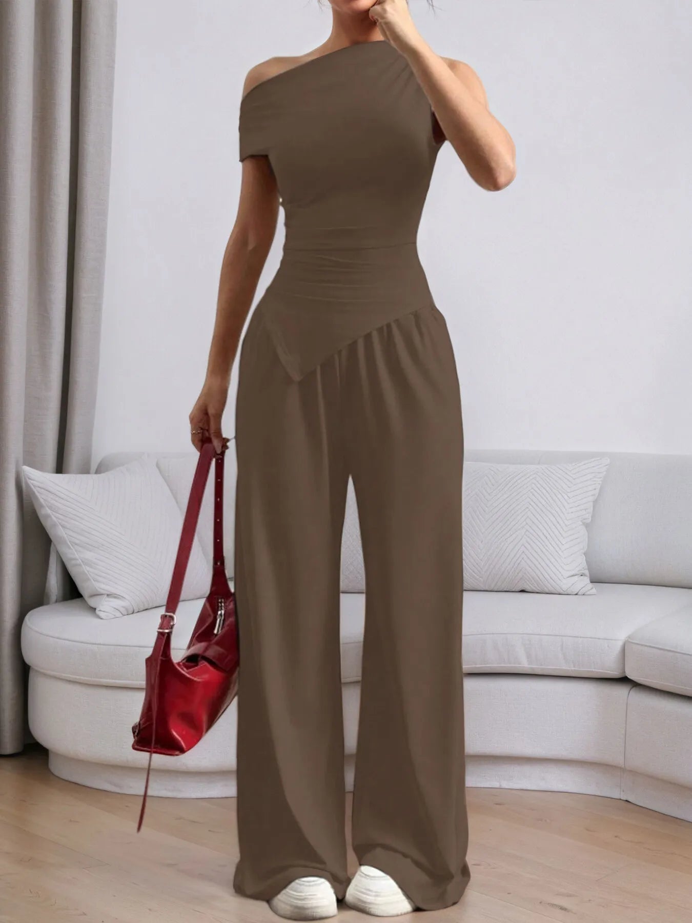 Stylish brown top with trendy pants, perfect for a chic casual look